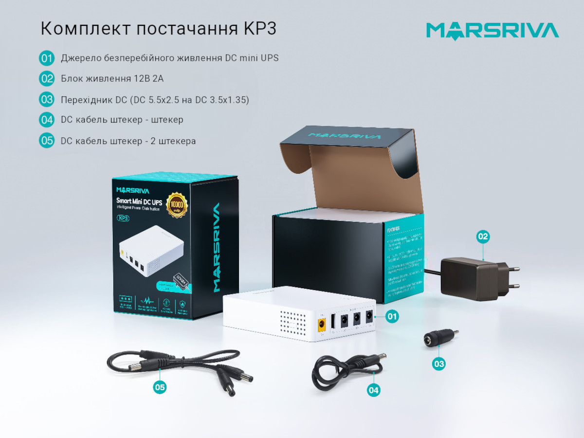 Комплект постачання міні DC джерела безперебійного живлення Marsriva KP3